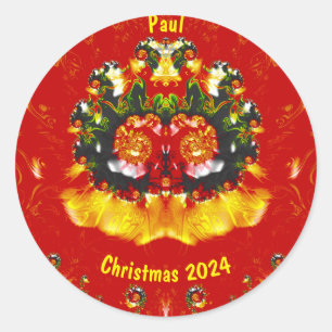 PAUL~ CHRISTMAS Red Green Yellow Fractal ~  Classic Round Sticker