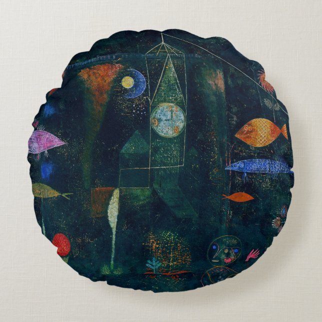 Paul Klee Fish Magic Abstract Painting Graphic Art Round Pillow (Front)