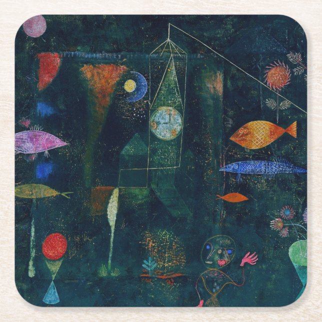 Paul Klee Fish Magic Abstract Painting Graphic Art Square Paper Coaster (Front)
