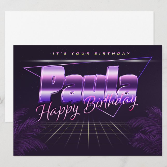 Paula Name Prénom lila retro Carte Anniversaire (Devant / Derrière)