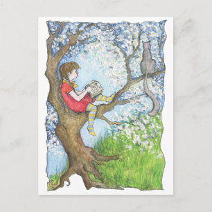 Pauline reading up the tree postcard
