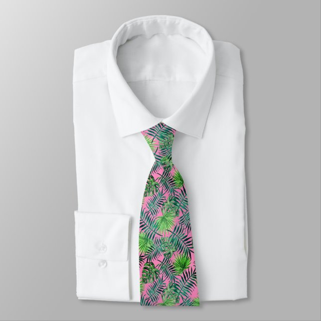 Paume vert rose feuille Motif Cravate tropical (Attaché)