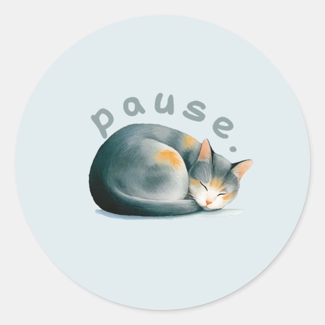Pause. Sleeping Cat Design Classic Round Sticker (Front)