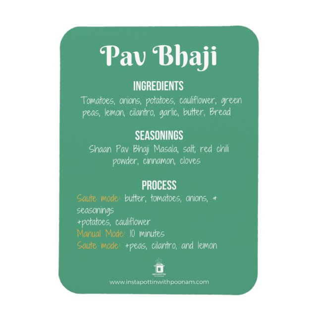 Pav Bhaji Recette Magnet pour pot instantané (Vertical)