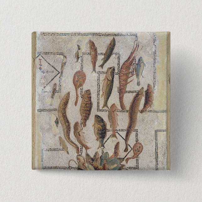 Pavement depicting fish escaping from a basket 2 inch square button (Front)