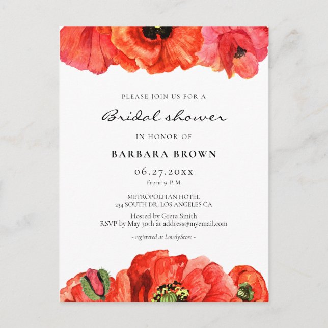 Pavot rouge aquarelle nuptiale invitation à la dou (Devant)