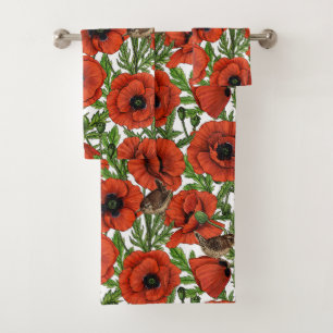Pavot rouge et brindilles, feuilles verts sur blan