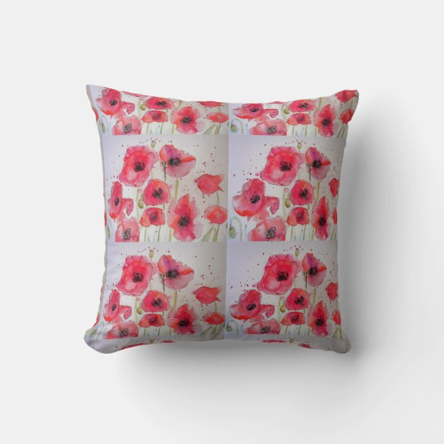 Pavot rouge Poppies florales Aquarelle Coussin de  (Recto)