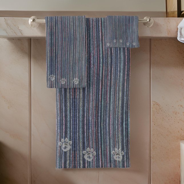 Paw Animal Prints and Blue Stripes Bath Towel Set (Creator Uploaded)