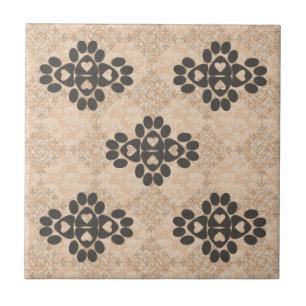 Paw Chequerboard Pentagon Design Hearts Brown Tile