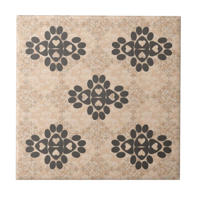 Paw Chequerboard Pentagon Design Hearts Brown Tile (Front)