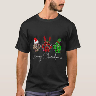 Paw Dogs Buffalo Plaid Leopard Design Merry Christ T-Shirt