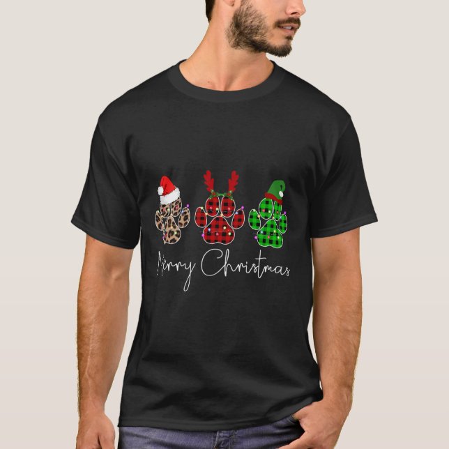 Paw Dogs Buffalo Plaid Leopard Design Merry Christ T-Shirt (Front)