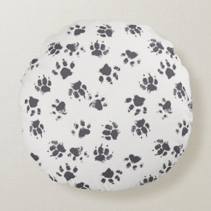 Paw Footprints: Dog Monochrome Seamless. Round Pillow