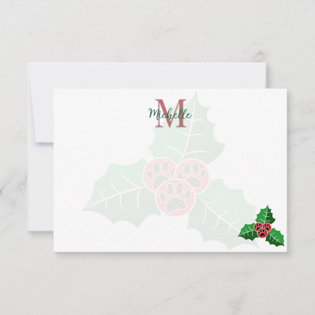Paw Holly Leaves Christmas Custom Monogram Card (Front)