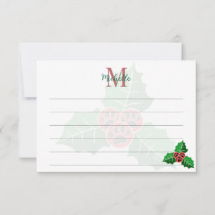 Paw Holly Leaves Christmas Custom Monogram Lined Card