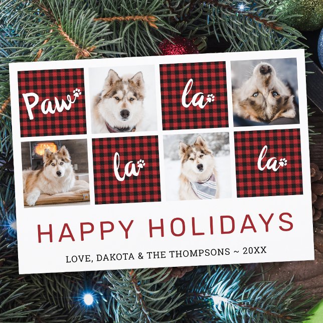 Paw La La La Red Buffalo Plaid Pet Photo Collage   Holiday Card (Creator Uploaded)