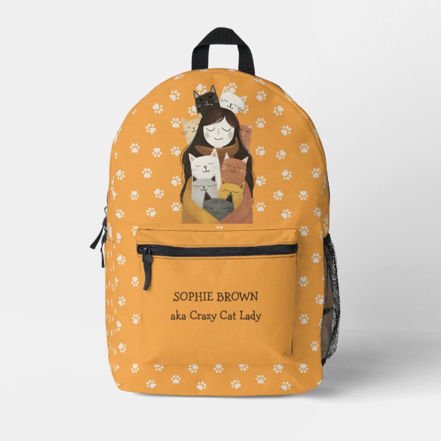 Paw Pattern Crazy Cat Lady with Name Yellow Printed Backpack (Front)
