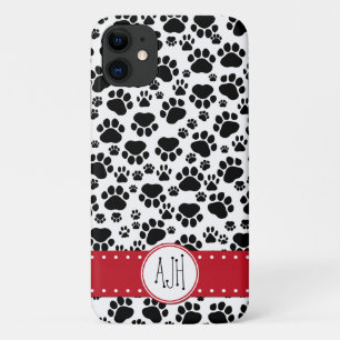 Paw Pattern, Dog Paws, Black and White, Monogram iPhone 11 Case