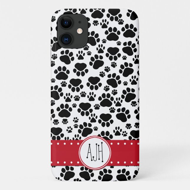 Paw Pattern, Dog Paws, Black and White, Monogram Case-Mate iPhone Case (Back)