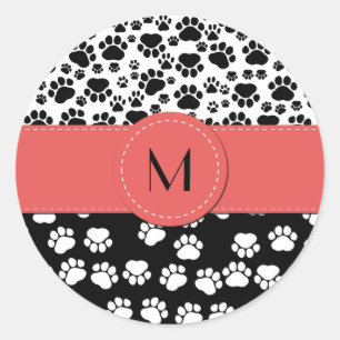 Paw Pattern, Dog Paws, Black and White, Monogram Classic Round Sticker