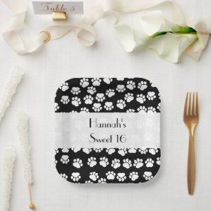 Paw Pattern, Dog Paws, Black and White, Sweet 16 Paper Plate