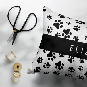Paw Pattern, Dog Paws, Black and White, Your Name Accent Pillow