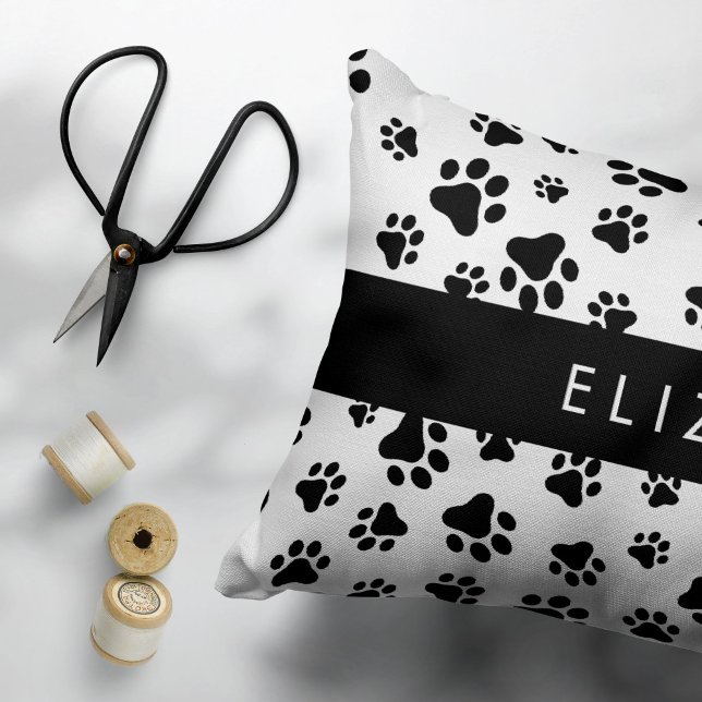 Paw Pattern, Dog Paws, Black and White, Your Name Accent Pillow (Creator Uploaded)