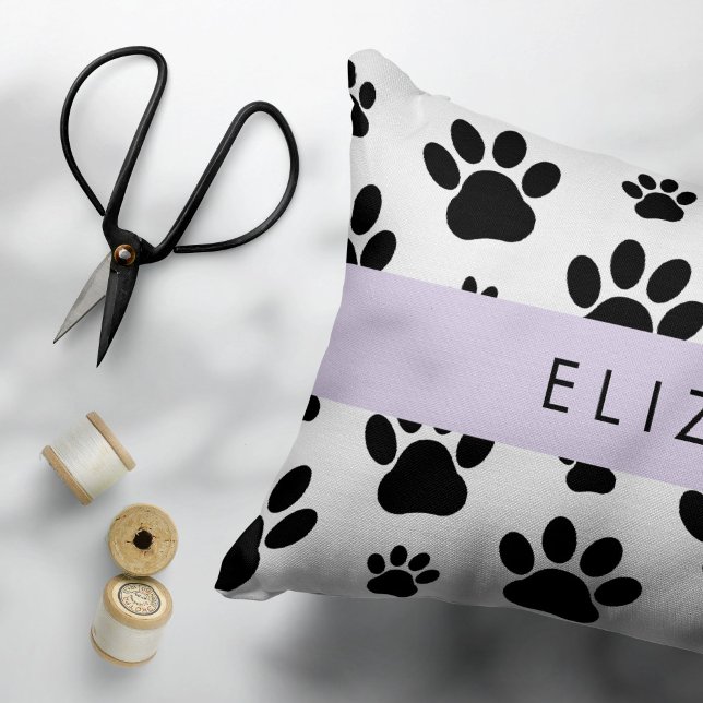 Paw Pattern, Dog Paws, Black and White, Your Name Accent Pillow (Creator Uploaded)