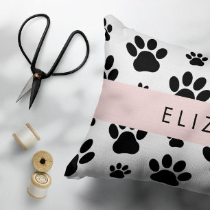 Paw Pattern, Dog Paws, Black and White, Your Name Accent Pillow