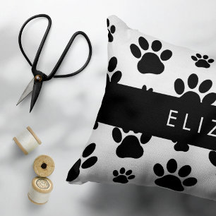 Paw Pattern, Dog Paws, Black and White, Your Name Accent Pillow