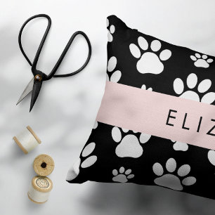 Paw Pattern, Dog Paws, Black and White, Your Name Accent Pillow