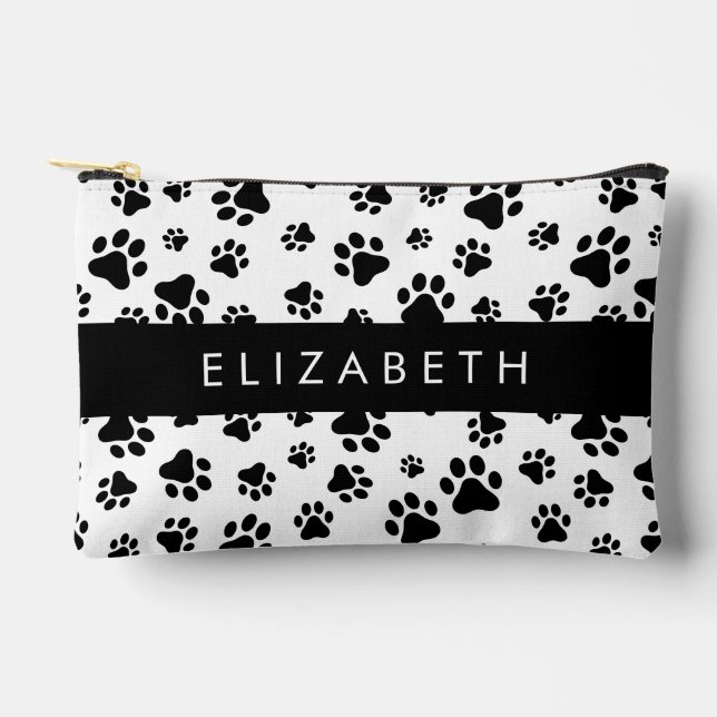 Paw Pattern, Dog Paws, Black and White, Your Name Accessory Pouch (Front)