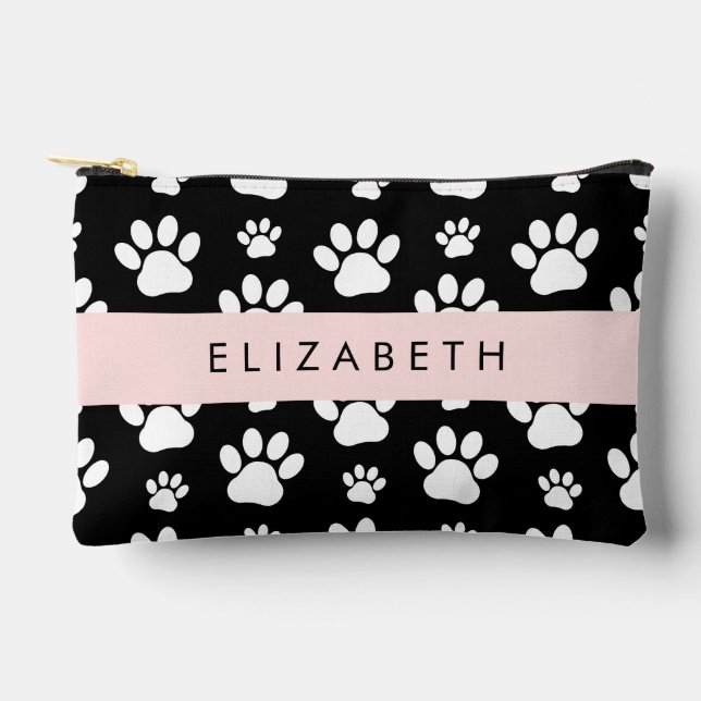 Paw Pattern, Dog Paws, Black and White, Your Name Accessory Pouch (Front)