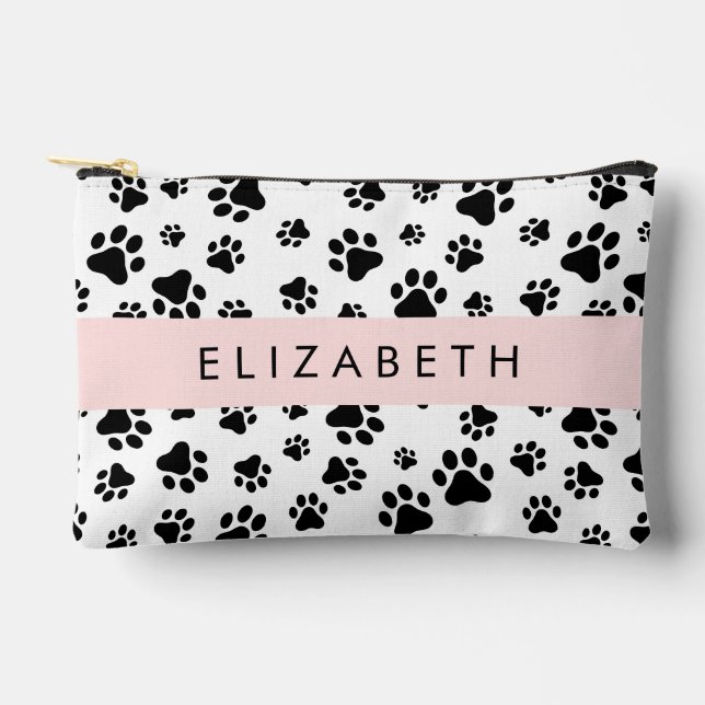 Paw Pattern, Dog Paws, Black and White, Your Name Accessory Pouch (Front)