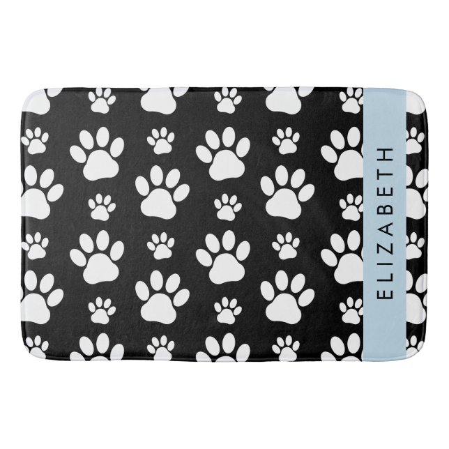 Paw Pattern, Dog Paws, Black and White, Your Name Bath Mat (Front)