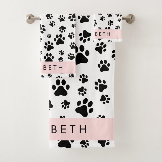 Paw Pattern, Dog Paws, Black and White, Your Name Bath Towel Set (Insitu)