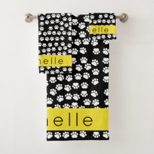 Paw Pattern, Dog Paws, Black and White, Your Name Bath Towel Set