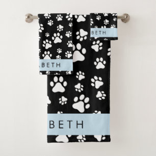 Paw Pattern, Dog Paws, Black and White, Your Name Bath Towel Set