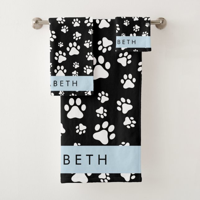 Paw Pattern, Dog Paws, Black and White, Your Name Bath Towel Set (Insitu)