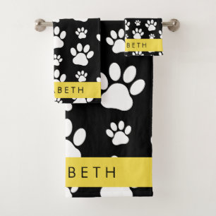 Paw Pattern, Dog Paws, Black and White, Your Name Bath Towel Set