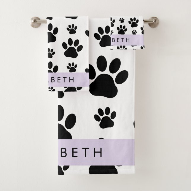 Paw Pattern, Dog Paws, Black and White, Your Name Bath Towel Set (Insitu)
