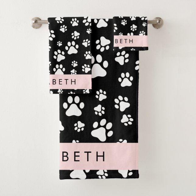 Paw Pattern, Dog Paws, Black and White, Your Name Bath Towel Set (Insitu)