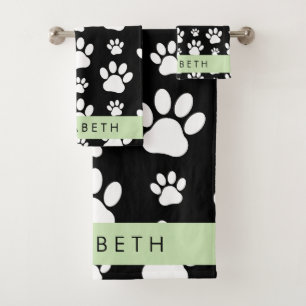 Paw Pattern, Dog Paws, Black and White, Your Name Bath Towel Set