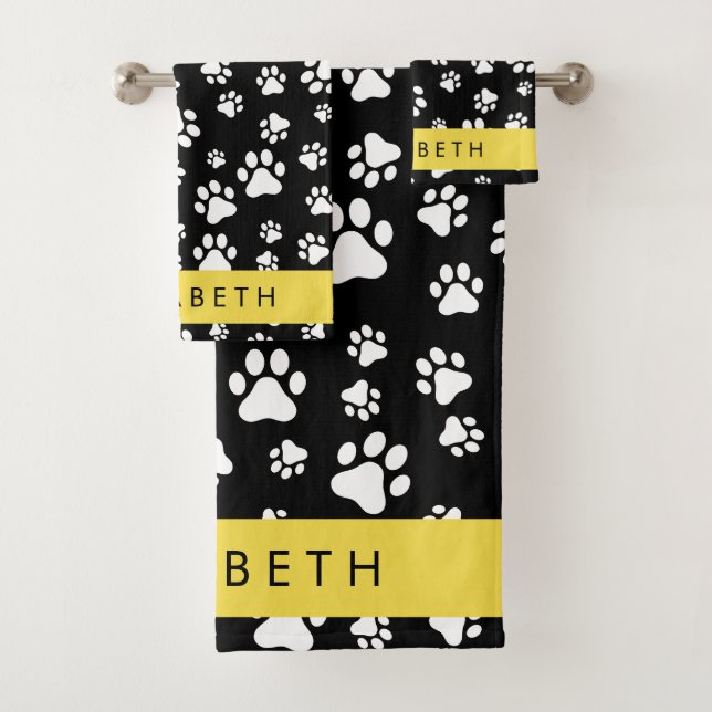 Paw Pattern, Dog Paws, Black and White, Your Name Bath Towel Set (Insitu)