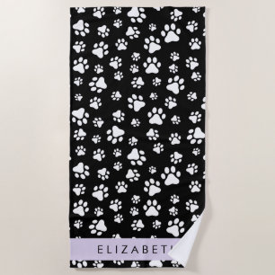 Paw Pattern, Dog Paws, Black and White, Your Name Beach Towel