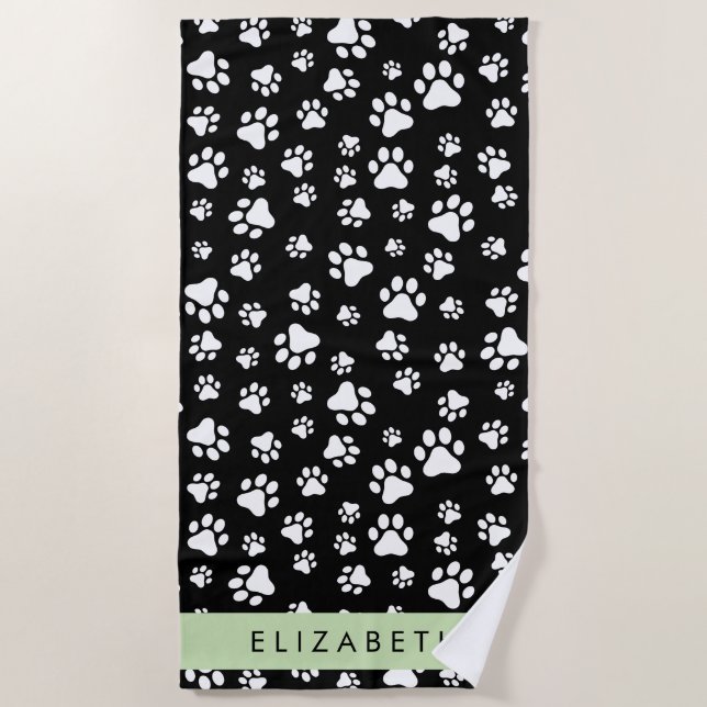 Paw Pattern, Dog Paws, Black and White, Your Name Beach Towel (Front)