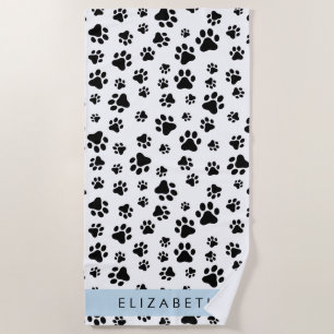 Paw Pattern, Dog Paws, Black and White, Your Name Beach Towel