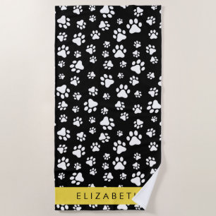Paw Pattern, Dog Paws, Black and White, Your Name Beach Towel