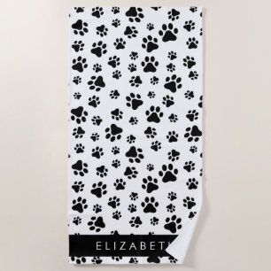 Paw Pattern, Dog Paws, Black and White, Your Name Beach Towel